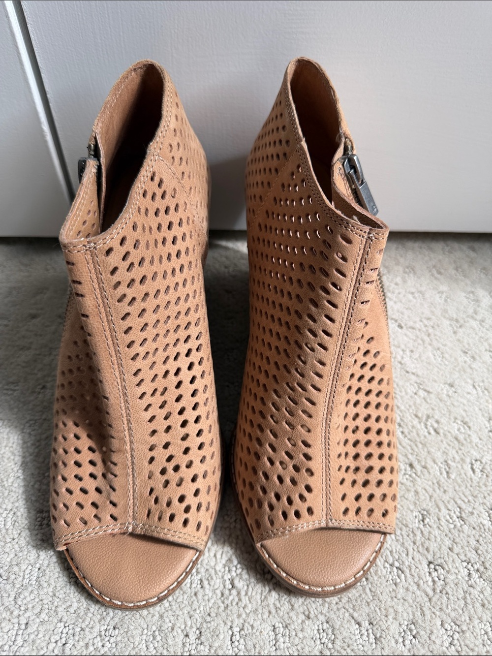Lucky Brand Tan Perforated Peep-Toe Wedge Booties - NEVER WORN!!
